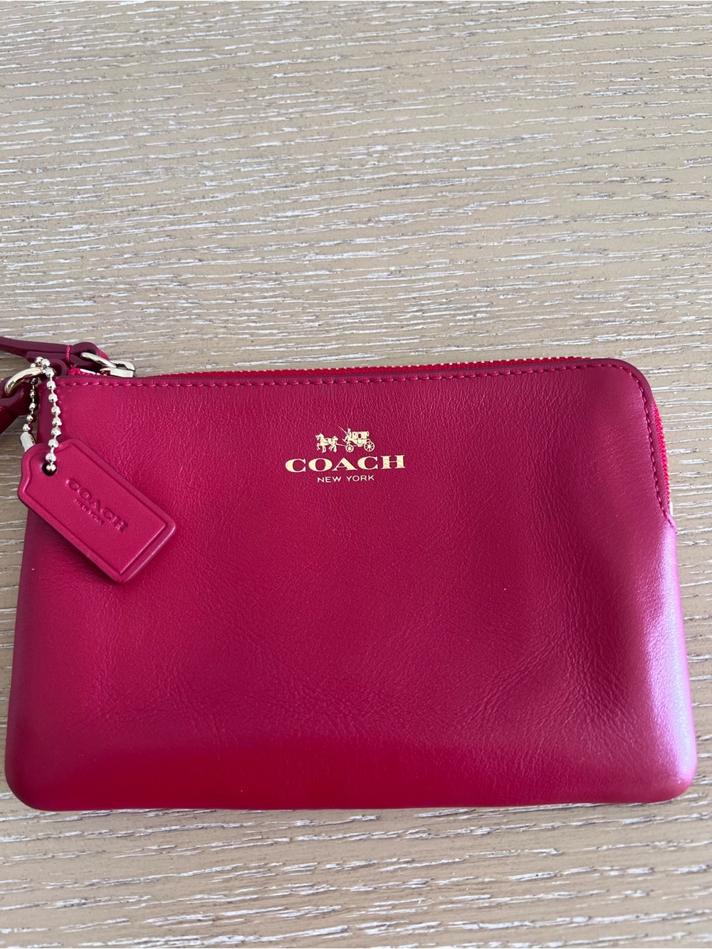 COACH New  Red Leather Wristlet Clutch with Gold Logo